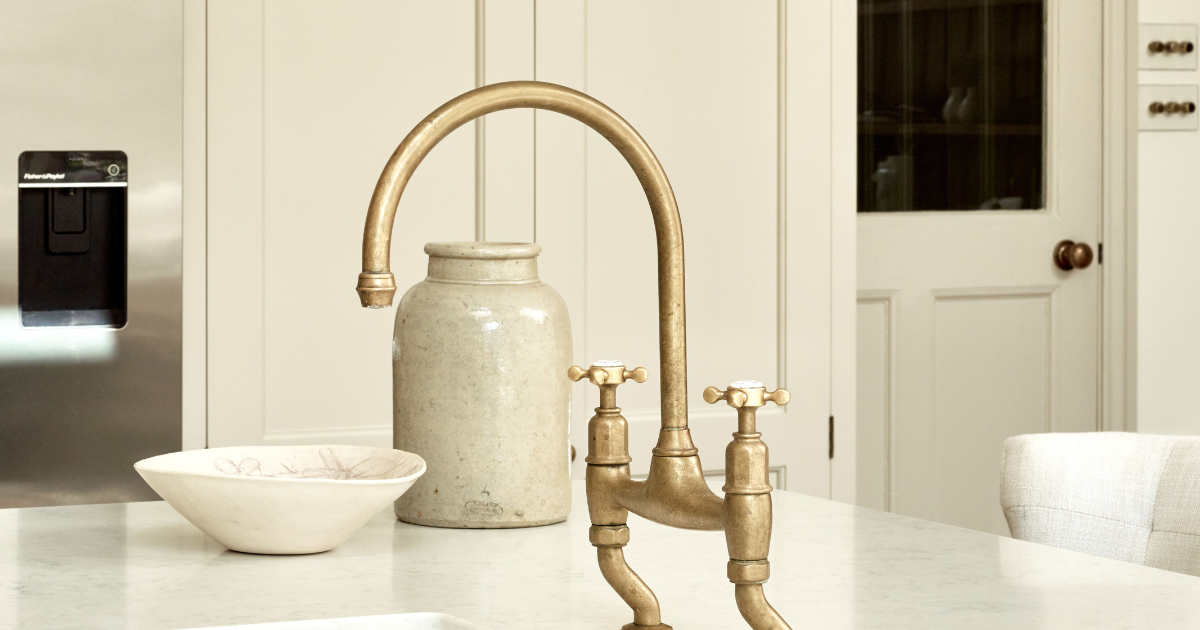 Ionian Bridge Sink Mixer in Aged Brass (Higham Furniture, Roly Roques-O'Neil Photography)