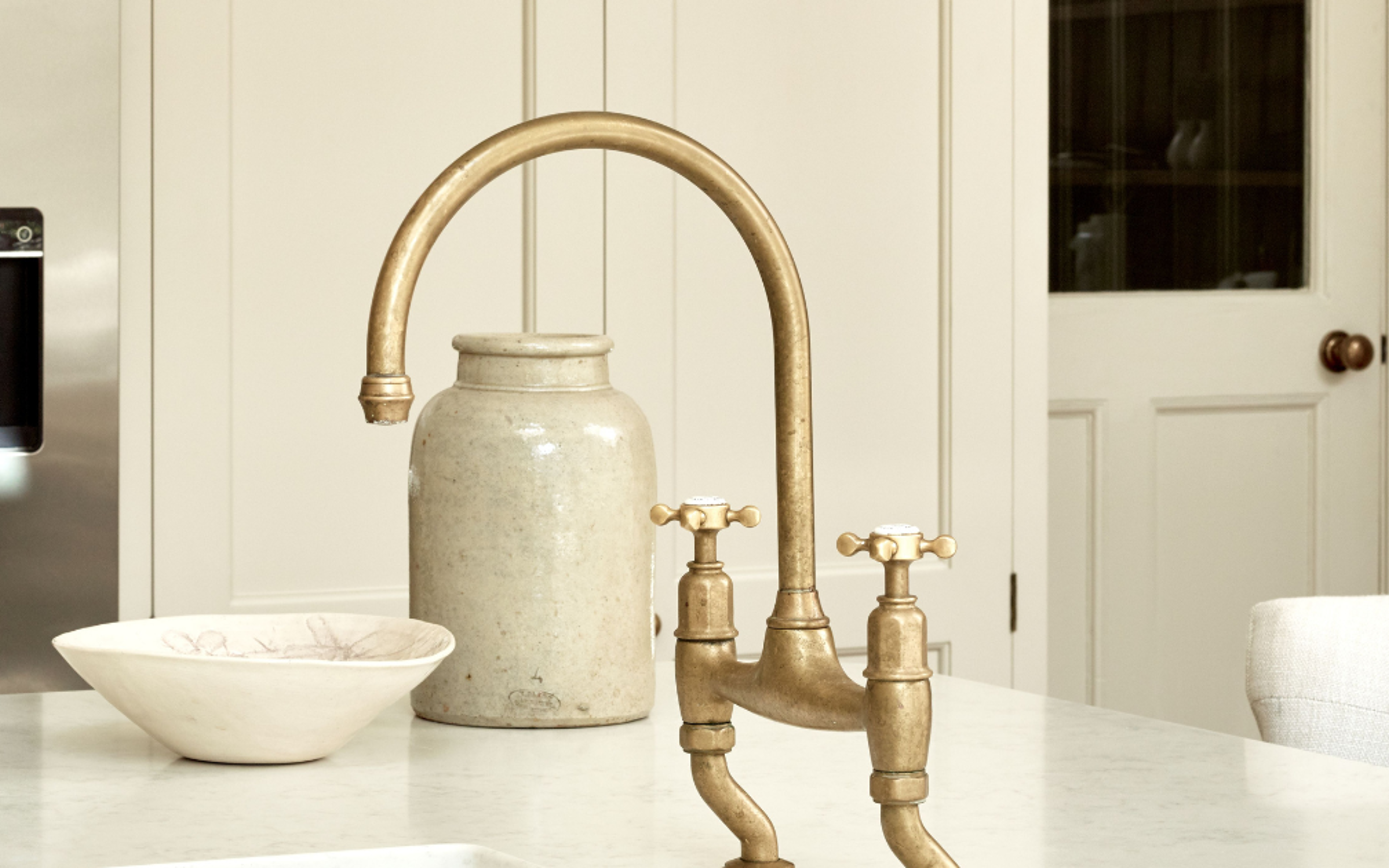 Ionian Bridge Sink Mixer in Aged Brass (Higham Furniture, Roly Roques-O'Neil Photography)