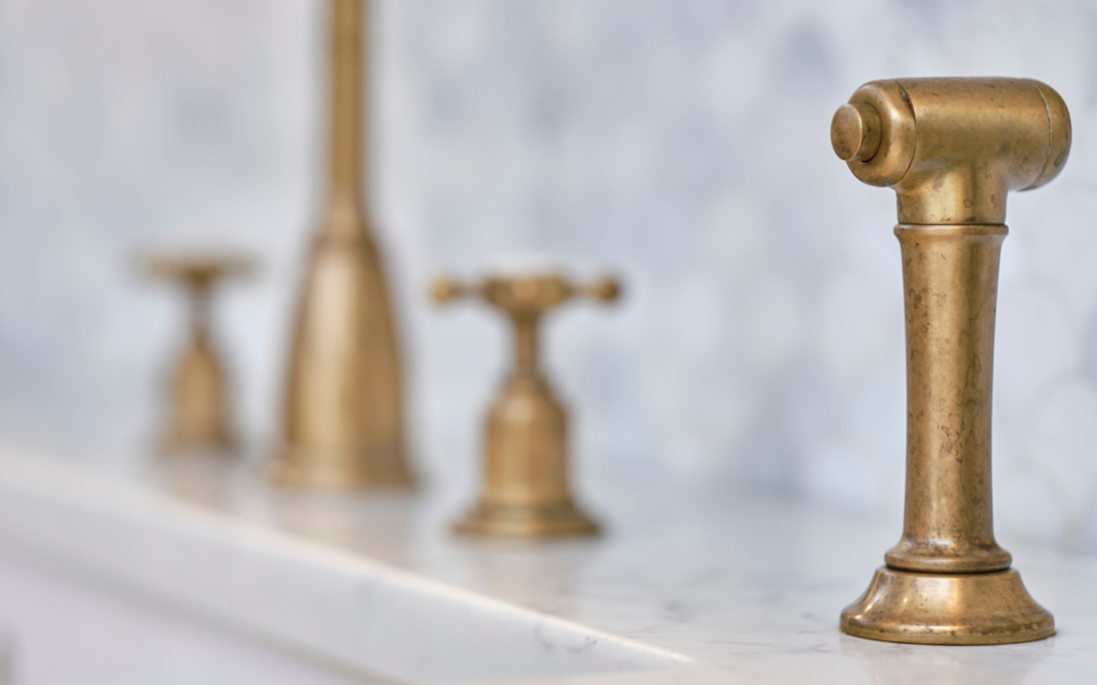 Phoenician Widespread Sink Mixer with Rinse in Aged Brass